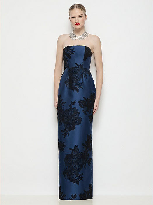Strapless Flocked Floral Satin Column Dress with Back Slit