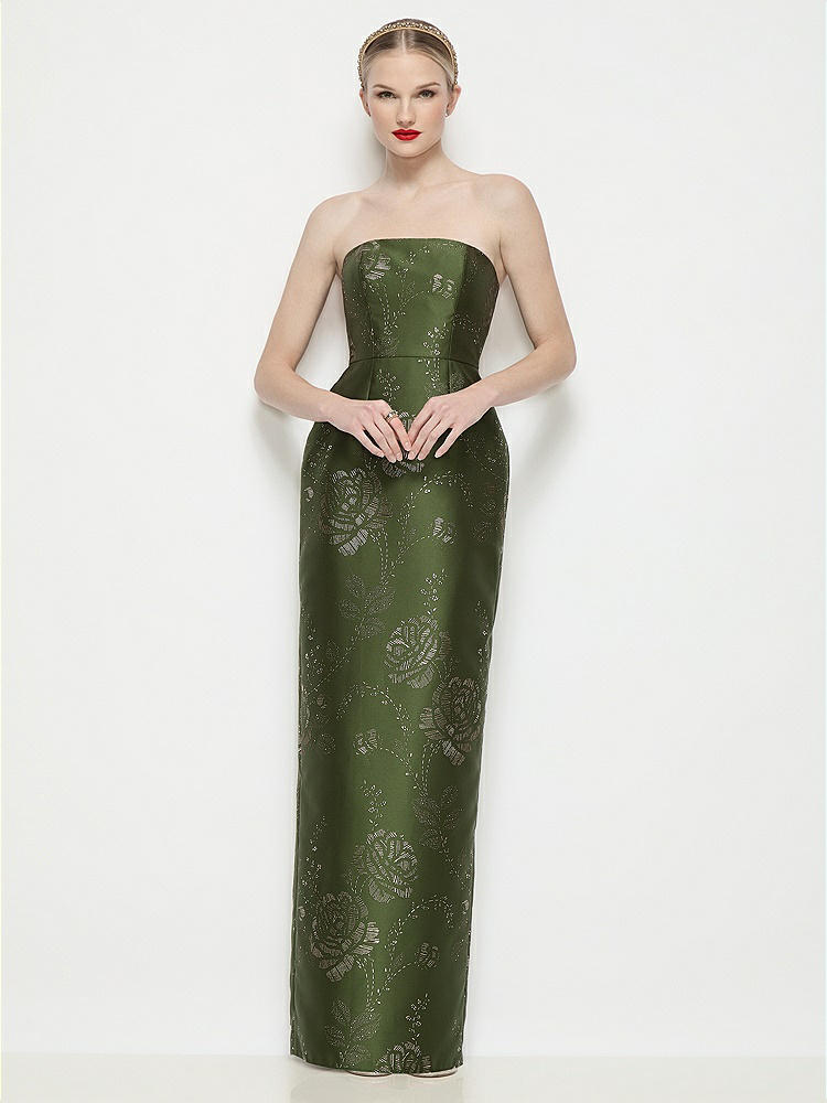 Shaped Strap Basque Neck Embossed Gilt Floral Satin Column Maxi Bridesmaid Dress In Olive / Gold | The Dessy Group Shaped Strap Basque Neck Embossed Gilt Floral Satin Column Maxi Bridesmaid Dress In Olive / Gold | The Dessy Group