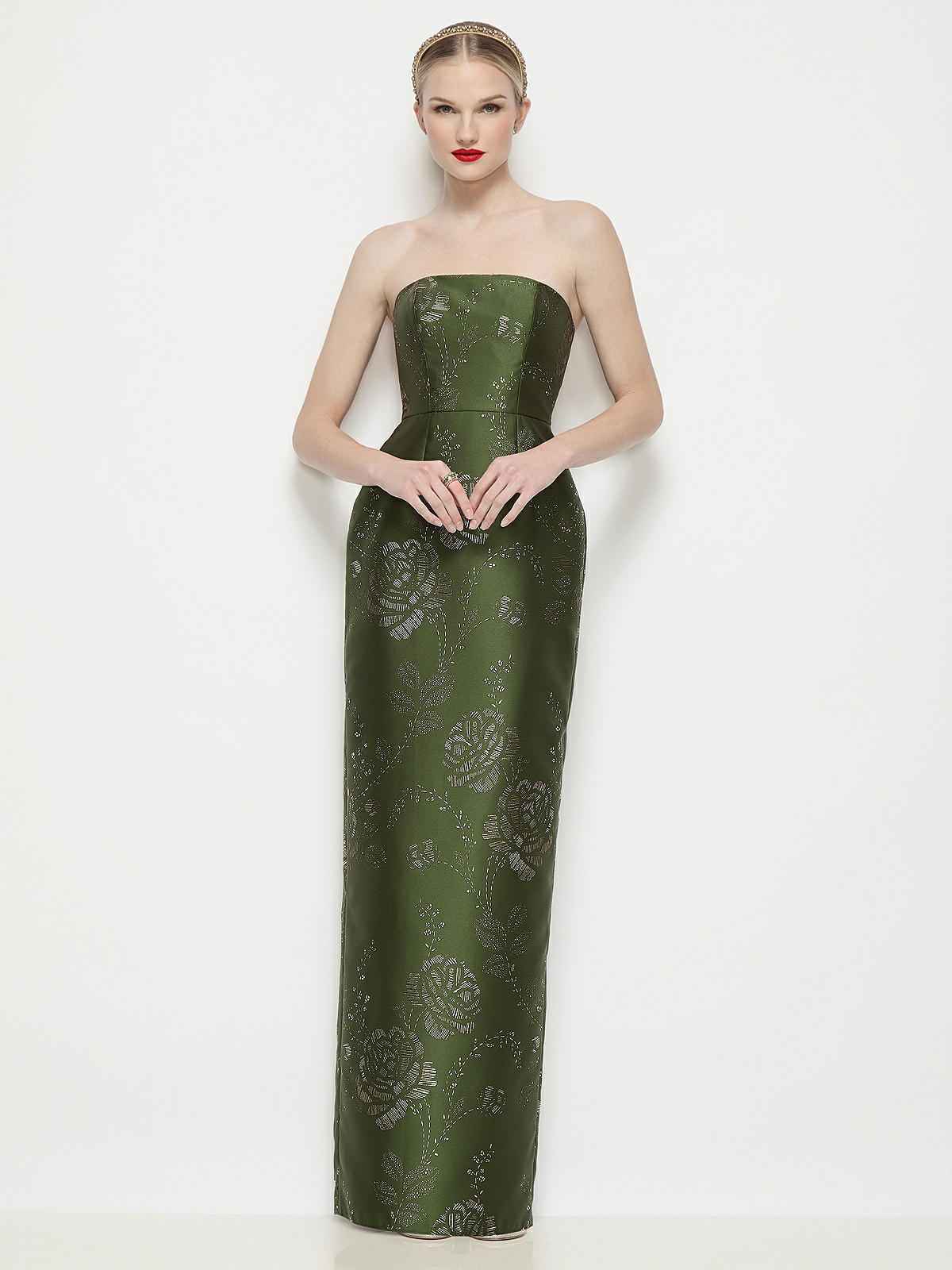 Strapless Embossed Gilt Floral Satin Column Dress with Back Slit