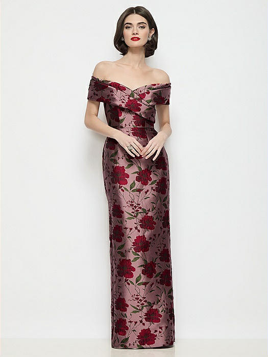 Draped Wrap Off-the-Shoulder Wild Rose Brocade Column Maxi Dress
