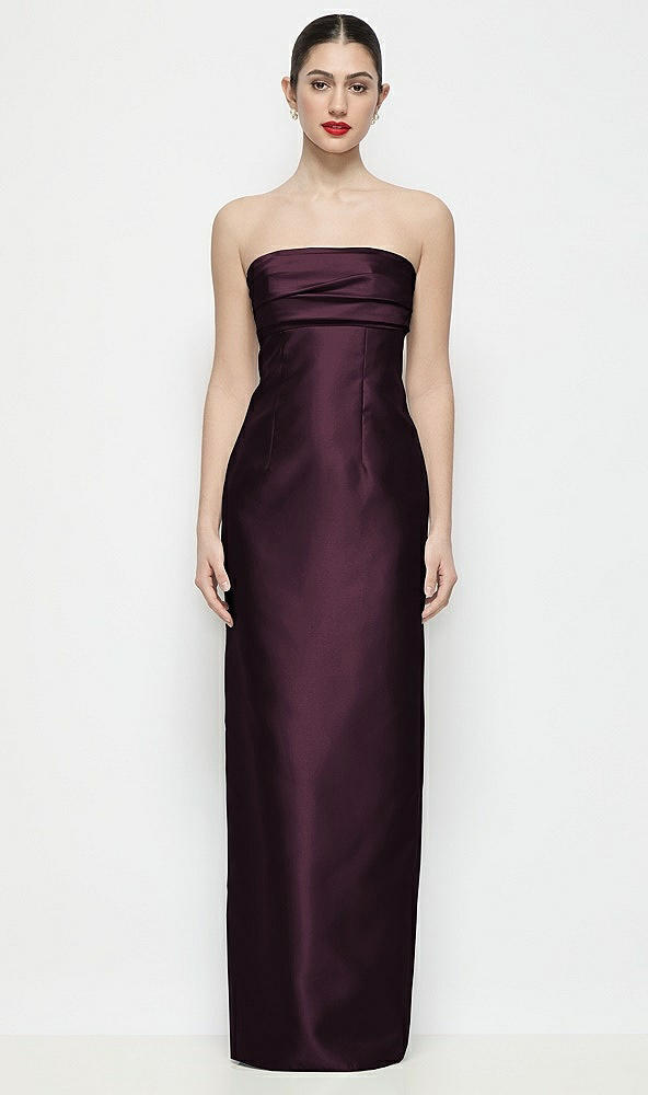 Front View - Deep Plum Strapless Pleated Empire Satin Column Maxi Dress