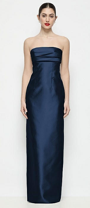 Strapless Pleated Empire Satin Column Maxi Dress