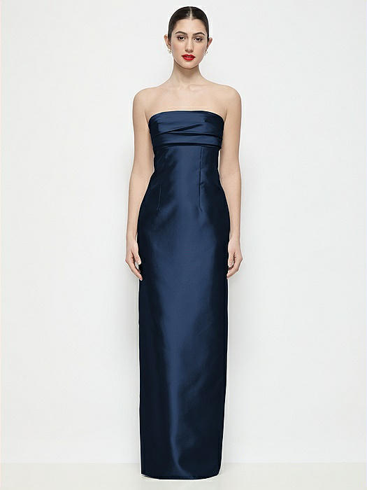 Strapless Pleated Empire Satin Column Maxi Dress