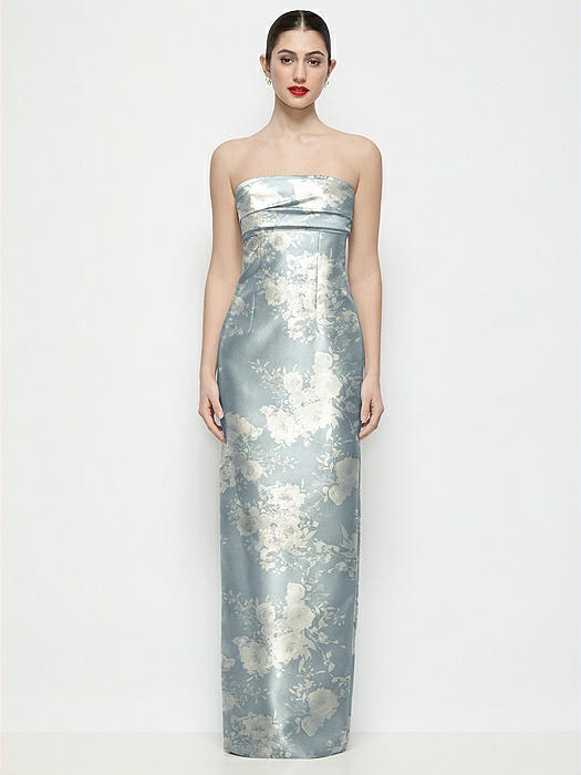 Strapless Pleated Empire Floral Satin Column Maxi Dress