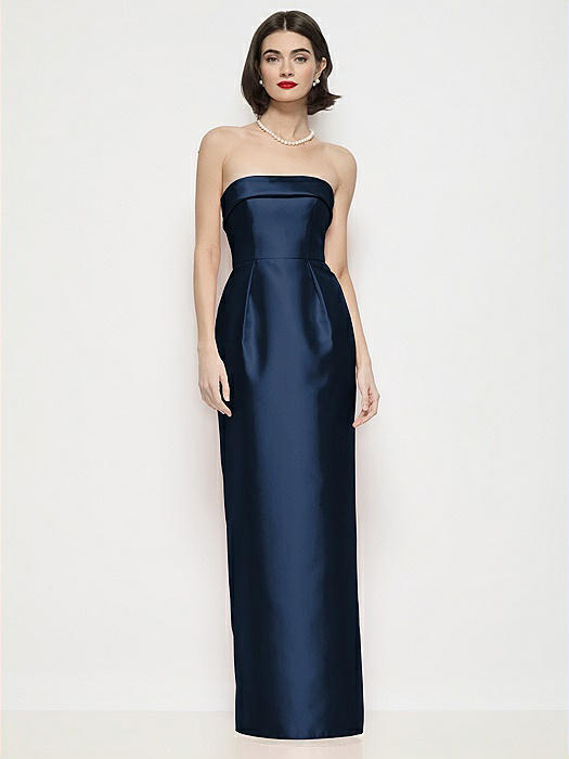 Strapless Cuff Neck Satin Maxi Dress with Column Skirt
