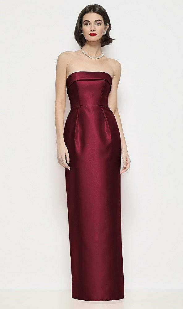 Front View - Cabernet Strapless Cuff Neck Satin Maxi Dress with Column Skirt