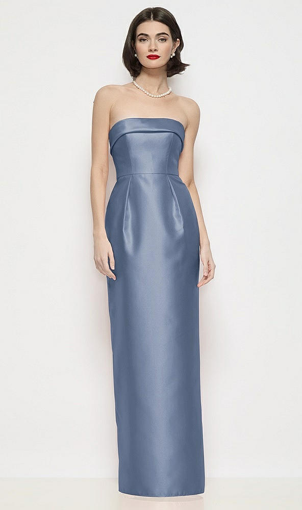 Front View - Larkspur Blue Strapless Cuff Neck Satin Maxi Dress with Column Skirt