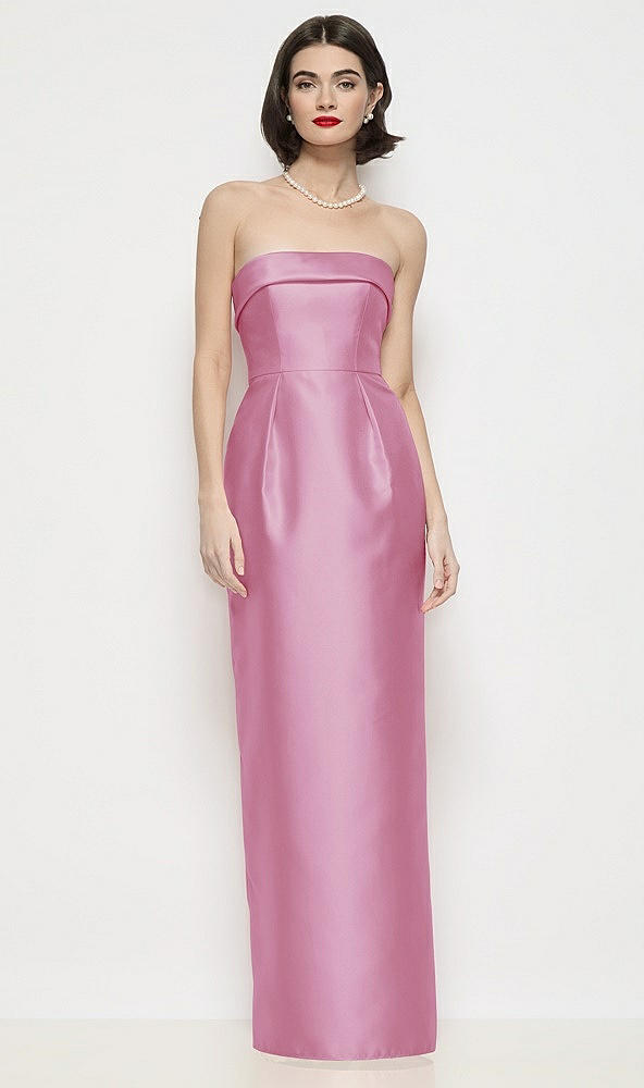 Front View - Powder Pink Strapless Cuff Neck Satin Maxi Dress with Column Skirt