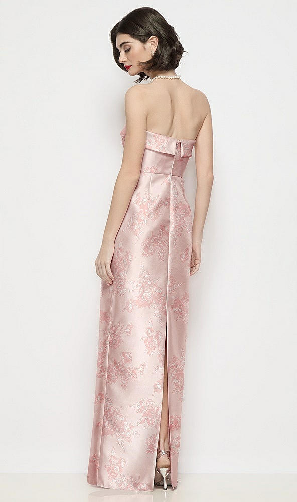 Back View - Bow And Blossom Print Strapless Cuff Neck Floral Satin Maxi Dress with Column Skirt