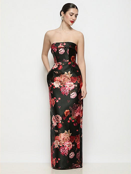 Strapless Cuff Neck Fleur de Villes Satin Maxi Dress with Column Skirt