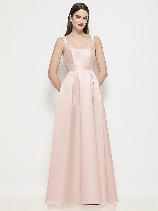 Shaped Strap Basque Neck Satin Maxi Dress with Pleated Skirt