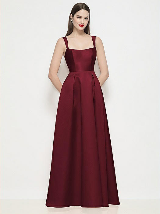 Shaped Strap Basque Neck Satin Maxi Dress with Pleated Skirt