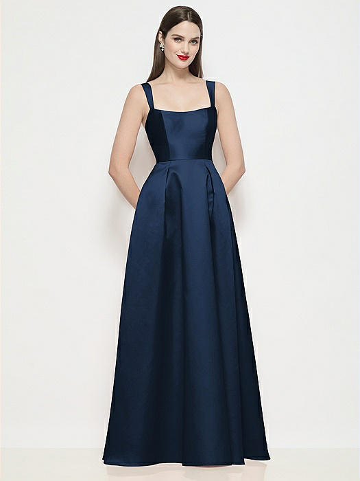Shaped Strap Basque Neck Satin Maxi Dress with Pleated Skirt