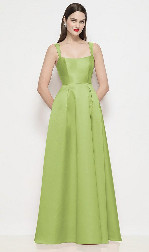 Front View - Mojito Shaped Strap Basque Neck Satin Maxi Dress with Pleated Skirt