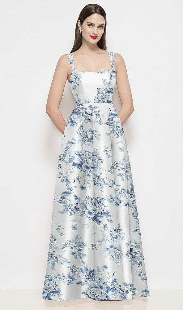 Front View - Cottage Rose Larkspur Shaped Strap Basque Neck Floral Satin Maxi Dress with Pleated Skirt