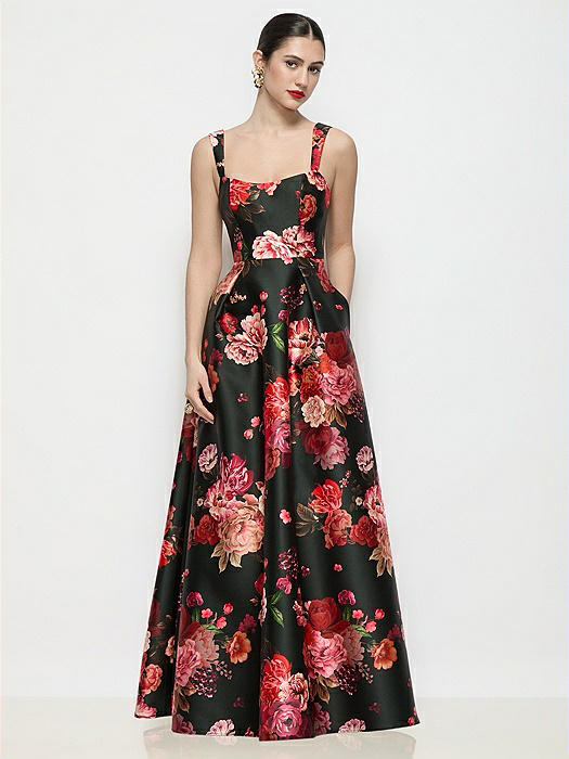 Shaped Strap Basque Neck Fleur de Villes Satin Maxi Dress with Pleated Skirt