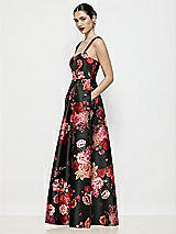 Side View Thumbnail - Wine Black Multi Shaped Strap Basque Neck Fleur de Villes Satin Maxi Dress with Pleated Skirt