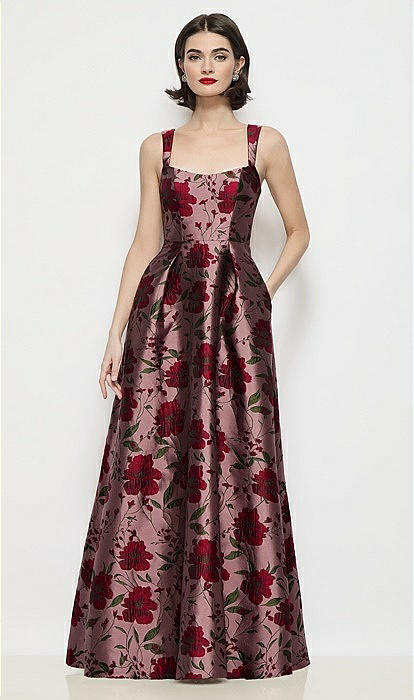 Shaped Strap Basque Neck Wild Rose Brocade Maxi Dress with Pleated Skirt