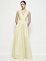 Front View Thumbnail - Butter Yellow Sleeveless V-neck Satin Maxi Dress with Pleated Skirt