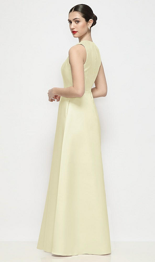 Back View - Butter Yellow Sleeveless V-neck Satin Maxi Dress with Pleated Skirt