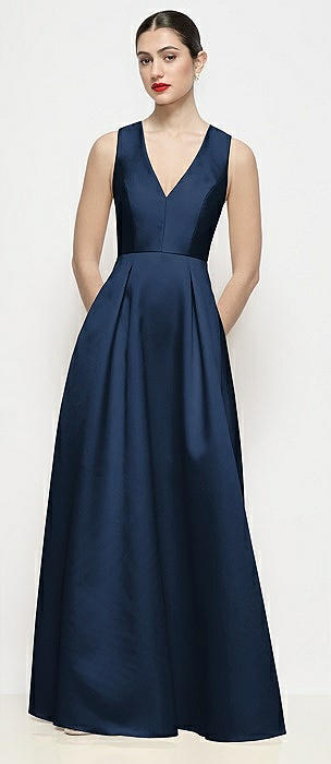 Sleeveless V-neck Satin Maxi Dress with Pleated Skirt