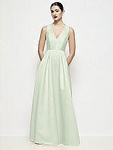 Front View Thumbnail - Mint Green Sleeveless V-neck Satin Maxi Dress with Pleated Skirt