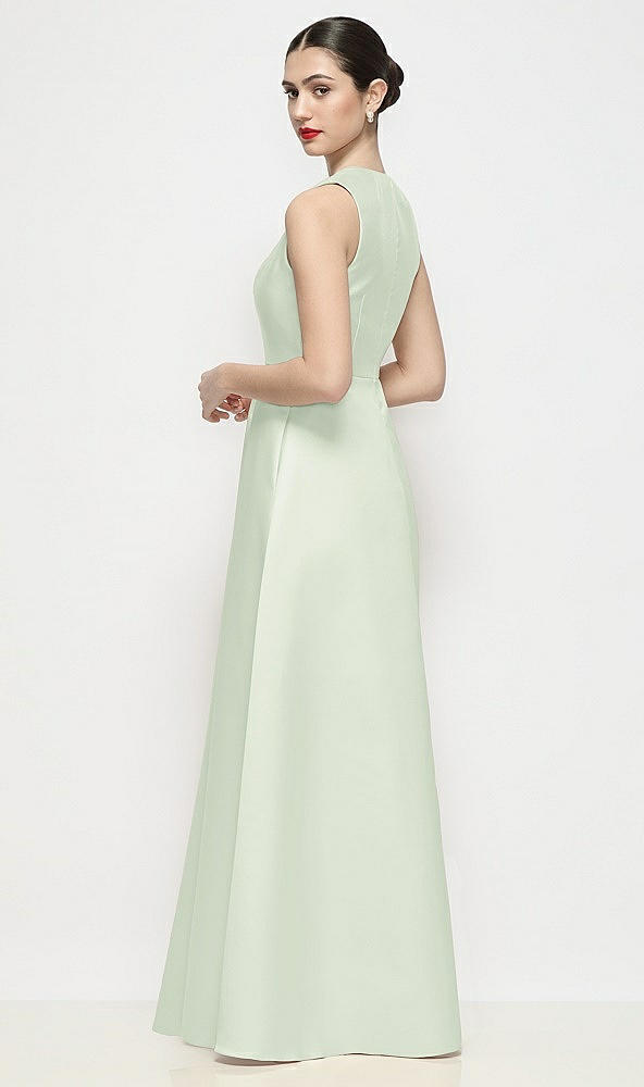 Back View - Mint Green Sleeveless V-neck Satin Maxi Dress with Pleated Skirt