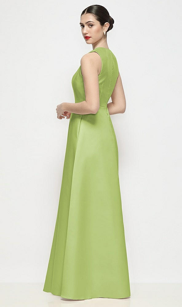 Back View - Mojito Sleeveless V-neck Satin Maxi Dress with Pleated Skirt