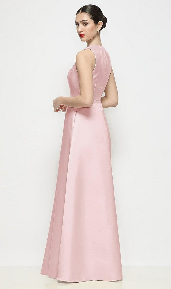Back View - Ballet Pink Sleeveless V-neck Satin Maxi Dress with Pleated Skirt
