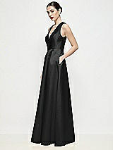 Side View Thumbnail - Black Sleeveless V-neck Satin Maxi Dress with Pleated Skirt