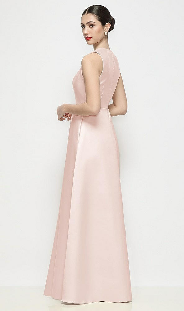 Back View - Blush Sleeveless V-neck Satin Maxi Dress with Pleated Skirt