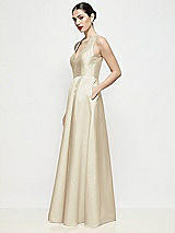 Side View Thumbnail - Champagne Sleeveless V-neck Satin Maxi Dress with Pleated Skirt