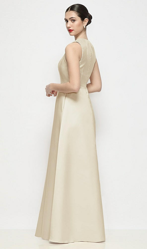 Back View - Champagne Sleeveless V-neck Satin Maxi Dress with Pleated Skirt