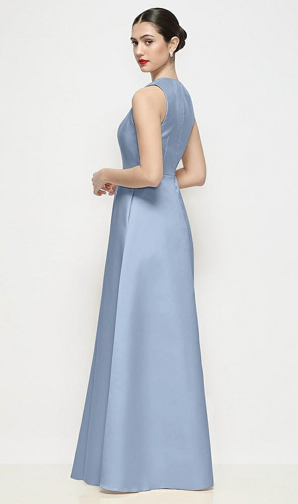 Back View - Cloudy Sleeveless V-neck Satin Maxi Dress with Pleated Skirt