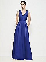 Front View Thumbnail - Cobalt Blue Sleeveless V-neck Satin Maxi Dress with Pleated Skirt