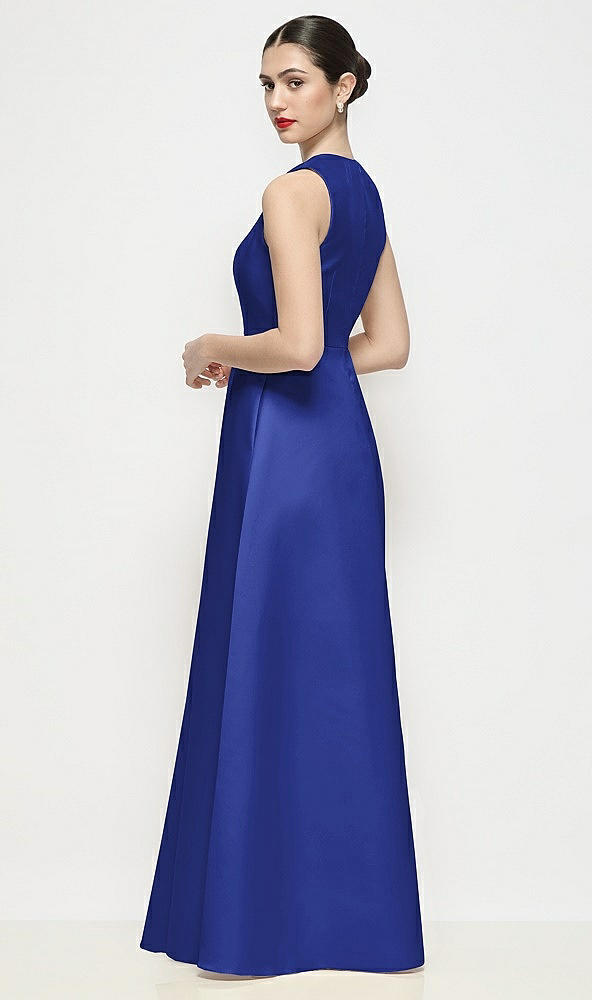 Back View - Cobalt Blue Sleeveless V-neck Satin Maxi Dress with Pleated Skirt
