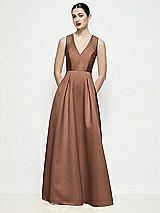 Front View Thumbnail - Cognac Sleeveless V-neck Satin Maxi Dress with Pleated Skirt