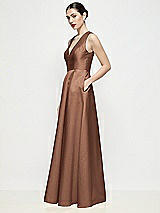 Side View Thumbnail - Cognac Sleeveless V-neck Satin Maxi Dress with Pleated Skirt