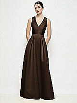 Front View Thumbnail - Espresso Sleeveless V-neck Satin Maxi Dress with Pleated Skirt