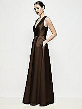 Side View Thumbnail - Espresso Sleeveless V-neck Satin Maxi Dress with Pleated Skirt
