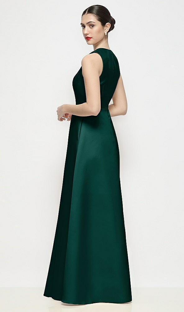 Back View - Evergreen Sleeveless V-neck Satin Maxi Dress with Pleated Skirt