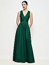 Front View Thumbnail - Hunter Green Sleeveless V-neck Satin Maxi Dress with Pleated Skirt