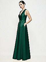 Side View Thumbnail - Hunter Green Sleeveless V-neck Satin Maxi Dress with Pleated Skirt