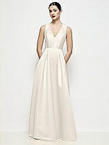 Front View Thumbnail - Ivory Sleeveless V-neck Satin Maxi Dress with Pleated Skirt