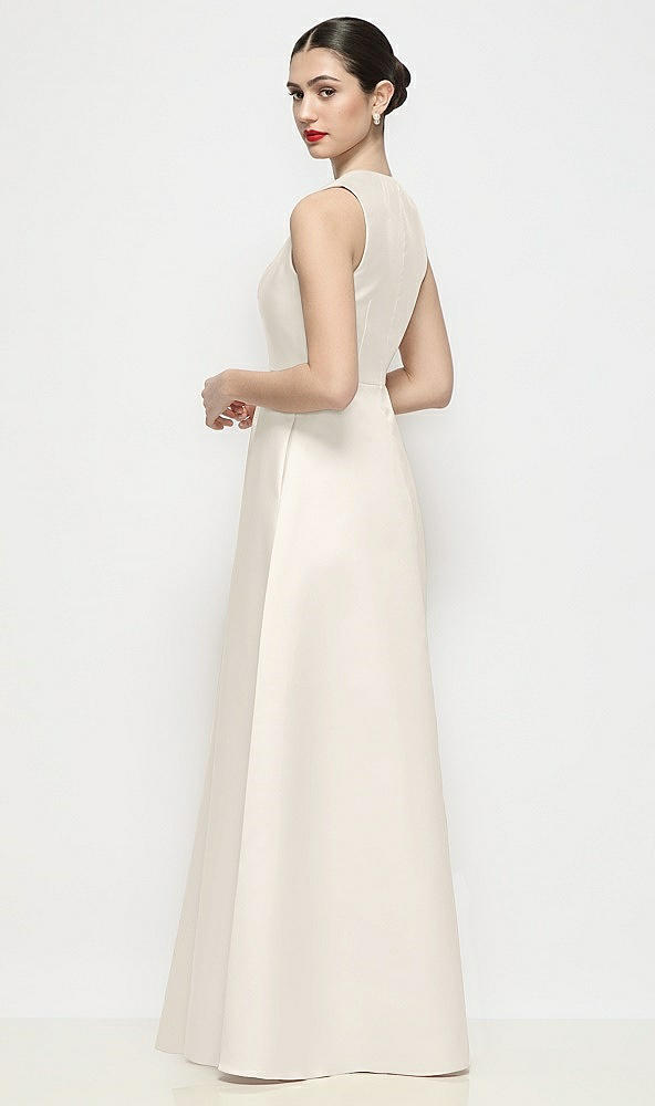 Back View - Ivory Sleeveless V-neck Satin Maxi Dress with Pleated Skirt