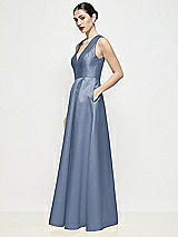 Side View Thumbnail - Larkspur Blue Sleeveless V-neck Satin Maxi Dress with Pleated Skirt