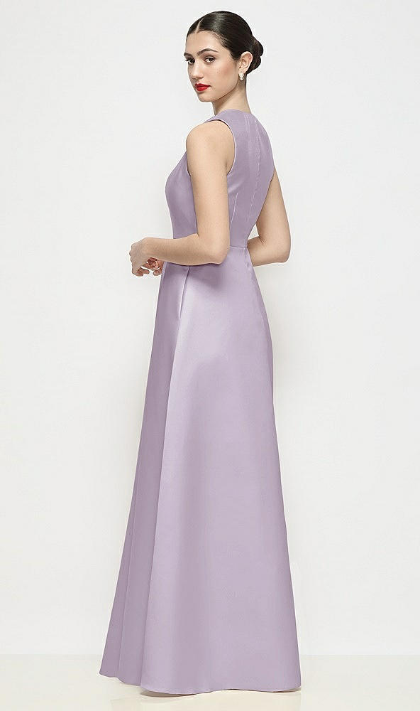 Back View - Lilac Haze Sleeveless V-neck Satin Maxi Dress with Pleated Skirt