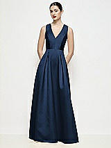 Front View Thumbnail - Midnight Navy Sleeveless V-neck Satin Maxi Dress with Pleated Skirt