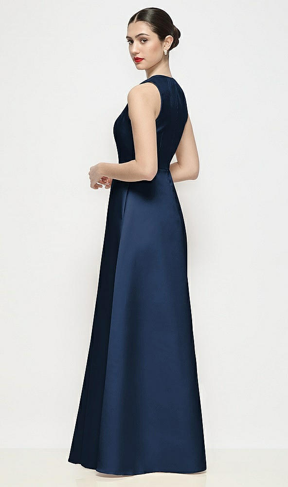 Back View - Midnight Navy Sleeveless V-neck Satin Maxi Dress with Pleated Skirt