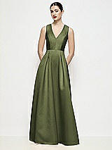 Front View Thumbnail - Olive Green Sleeveless V-neck Satin Maxi Dress with Pleated Skirt